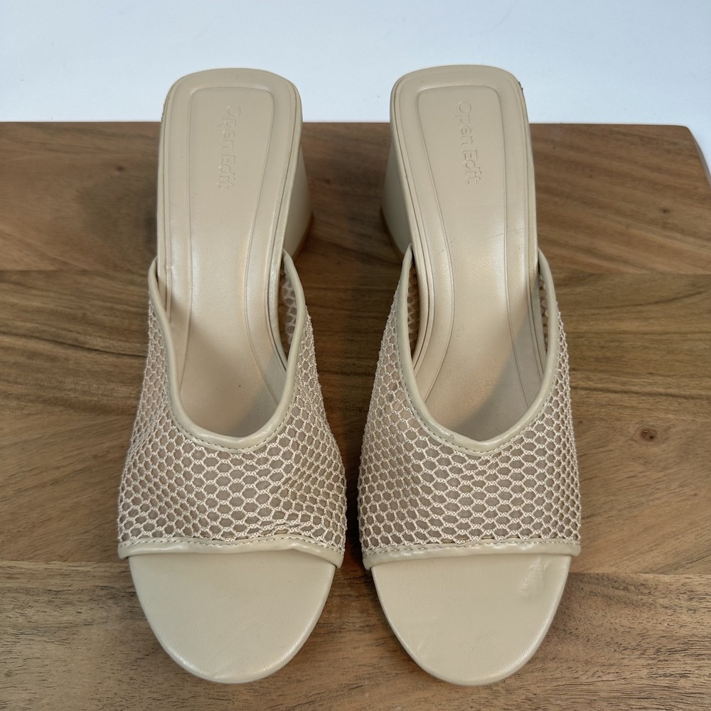 New Womens Open Edit Colette Beige Mesh Heeled Slide Sandals Size 10 M NWOB